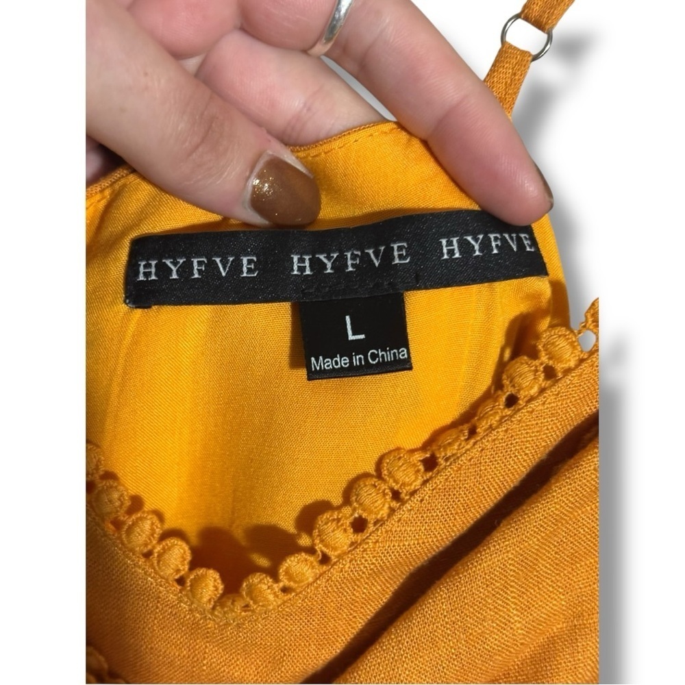 HYGVE Chic Sleeveless Crochet Trim Mustard Adjustable Straps Tie-Front Romper - Picture 14 of 16